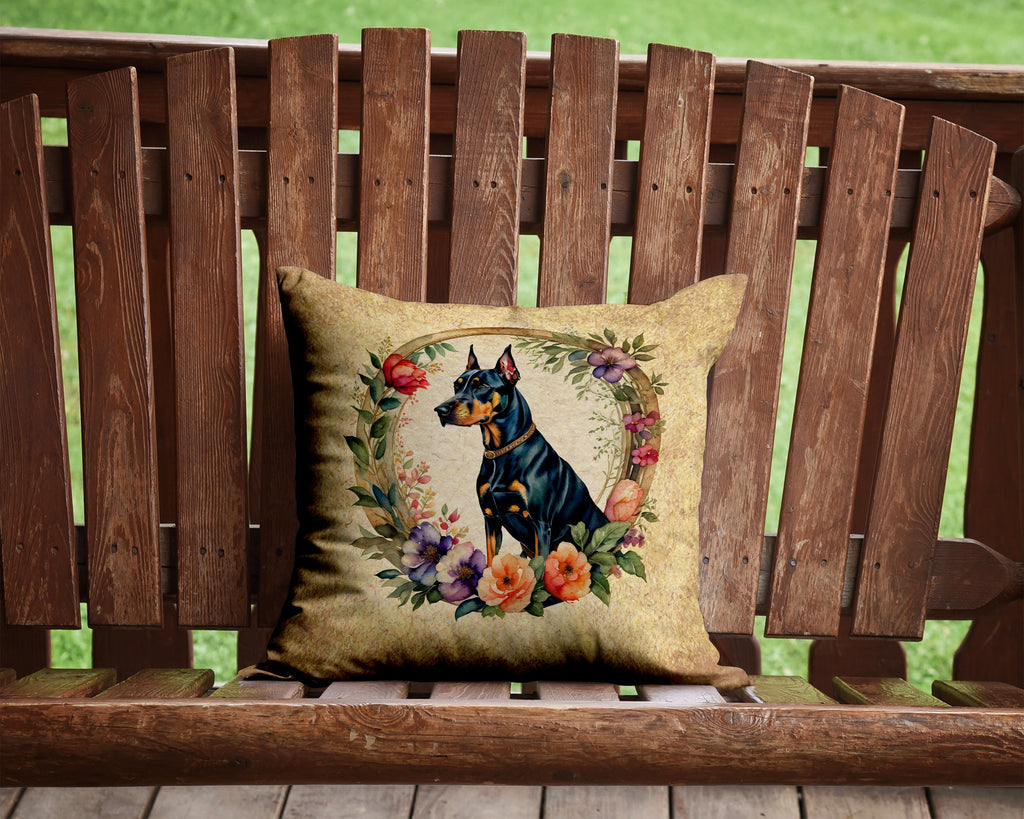 Doberman Pinscher and Flowers Decorative Throw Pillow 14x14 Indoor Outdoor Accent Cushion, Fabric Cover with Insert for Sofa, Bed, Porch & Living Room