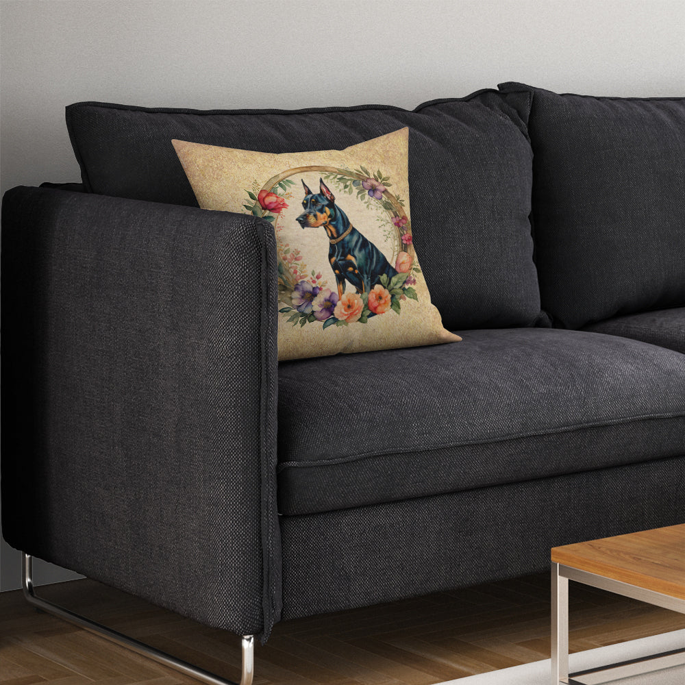 Doberman Pinscher and Flowers Decorative Throw Pillow 14x14 Indoor Outdoor Accent Cushion, Fabric Cover with Insert for Sofa, Bed, Porch & Living Room