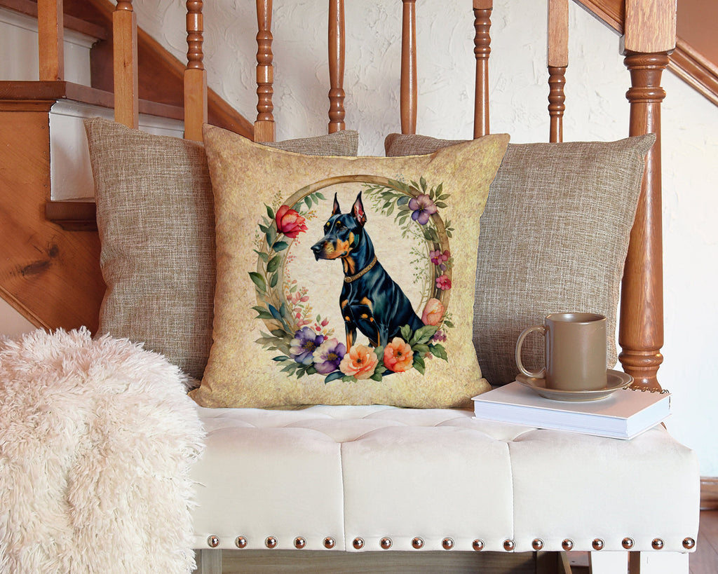 Doberman Pinscher and Flowers Decorative Throw Pillow 14x14 Indoor Outdoor Accent Cushion, Fabric Cover with Insert for Sofa, Bed, Porch & Living Room
