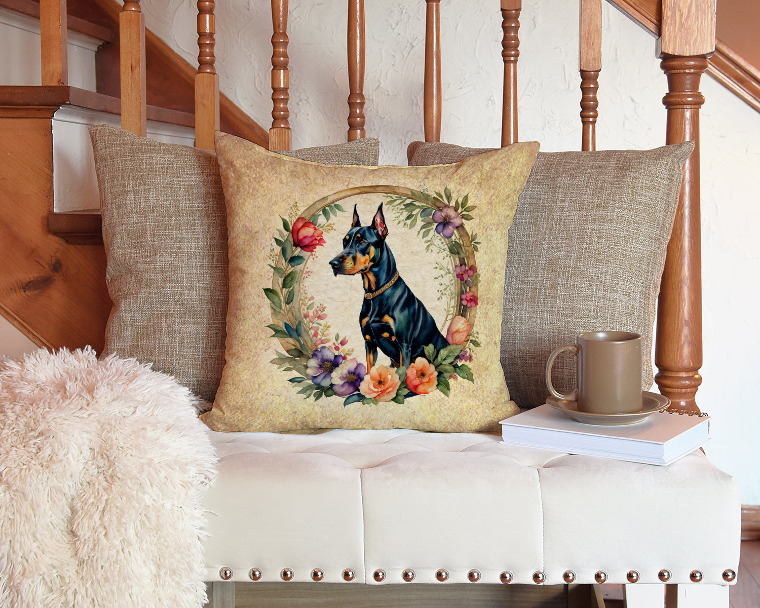 Doberman Pinscher and Flowers Decorative Throw Pillow 14x14 Indoor Outdoor Accent Cushion, Fabric Cover with Insert for Sofa, Bed, Porch & Living Room