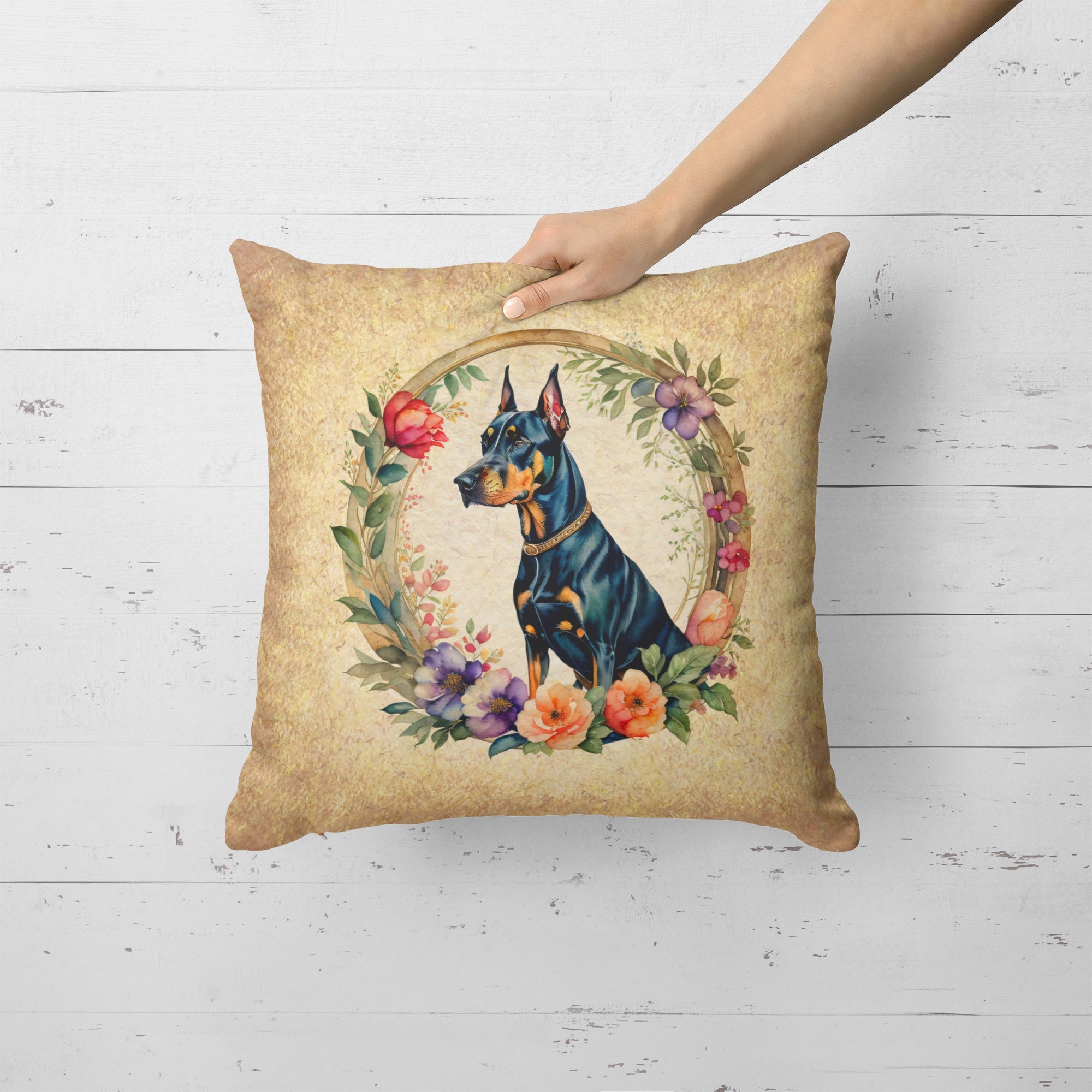 Doberman Pinscher and Flowers Decorative Throw Pillow 18x18 Indoor Outdoor Accent Cushion, Fabric Cover with Insert for Sofa, Bed, Porch & Living Room