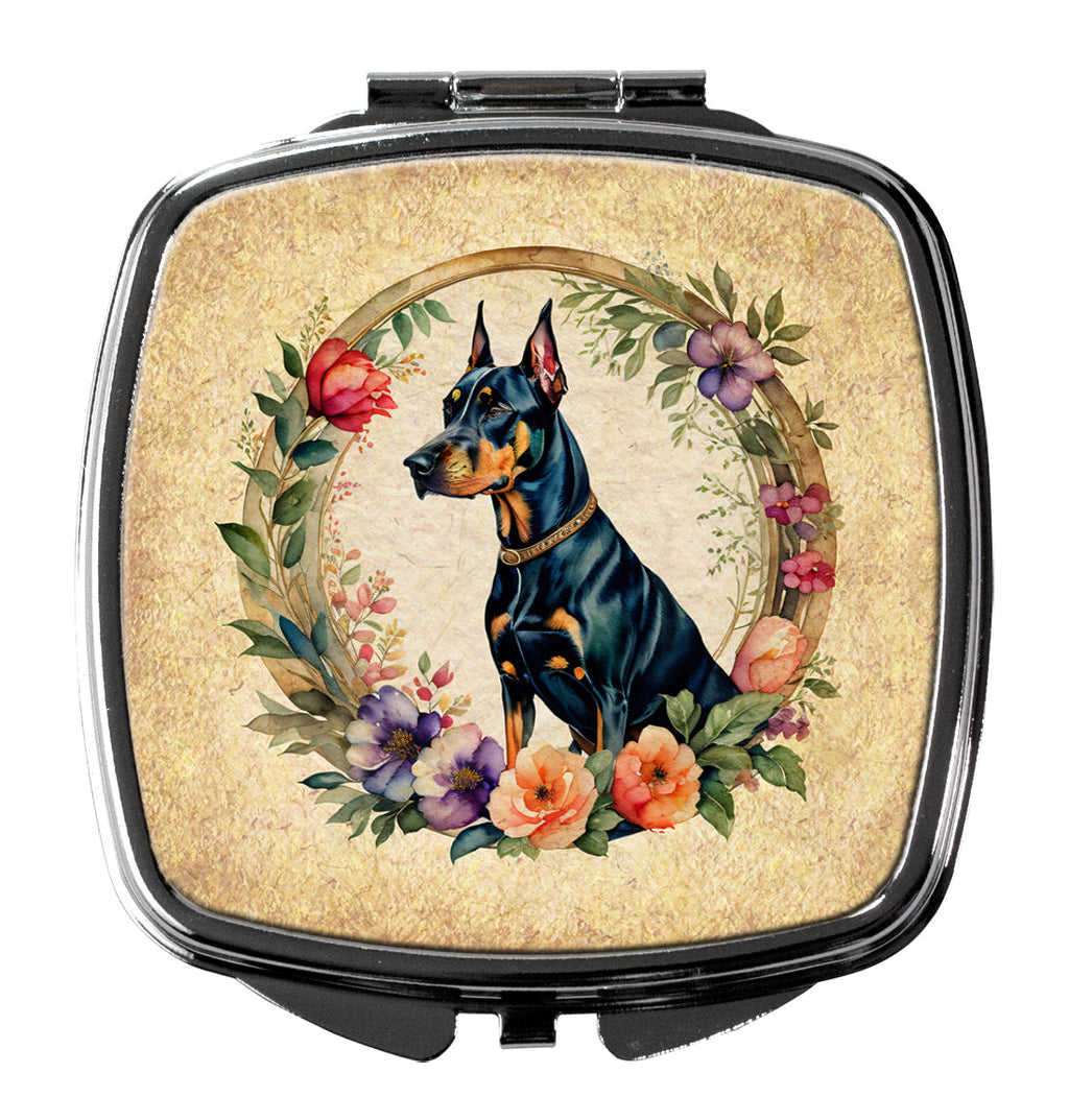 Doberman Pinscher and Flowers Compact Mirror Decorative Travel Makeup Mirror for Women Girls Gifts Pocket Makeup Mirror Folding Handheld