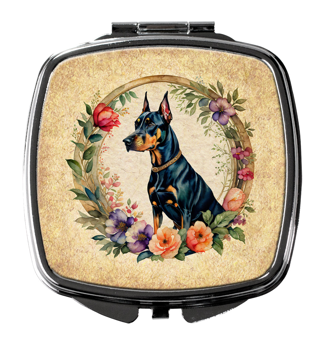 Doberman Pinscher and Flowers Compact Mirror Decorative Travel Makeup Mirror for Women Girls Gifts Pocket Makeup Mirror Folding Handheld