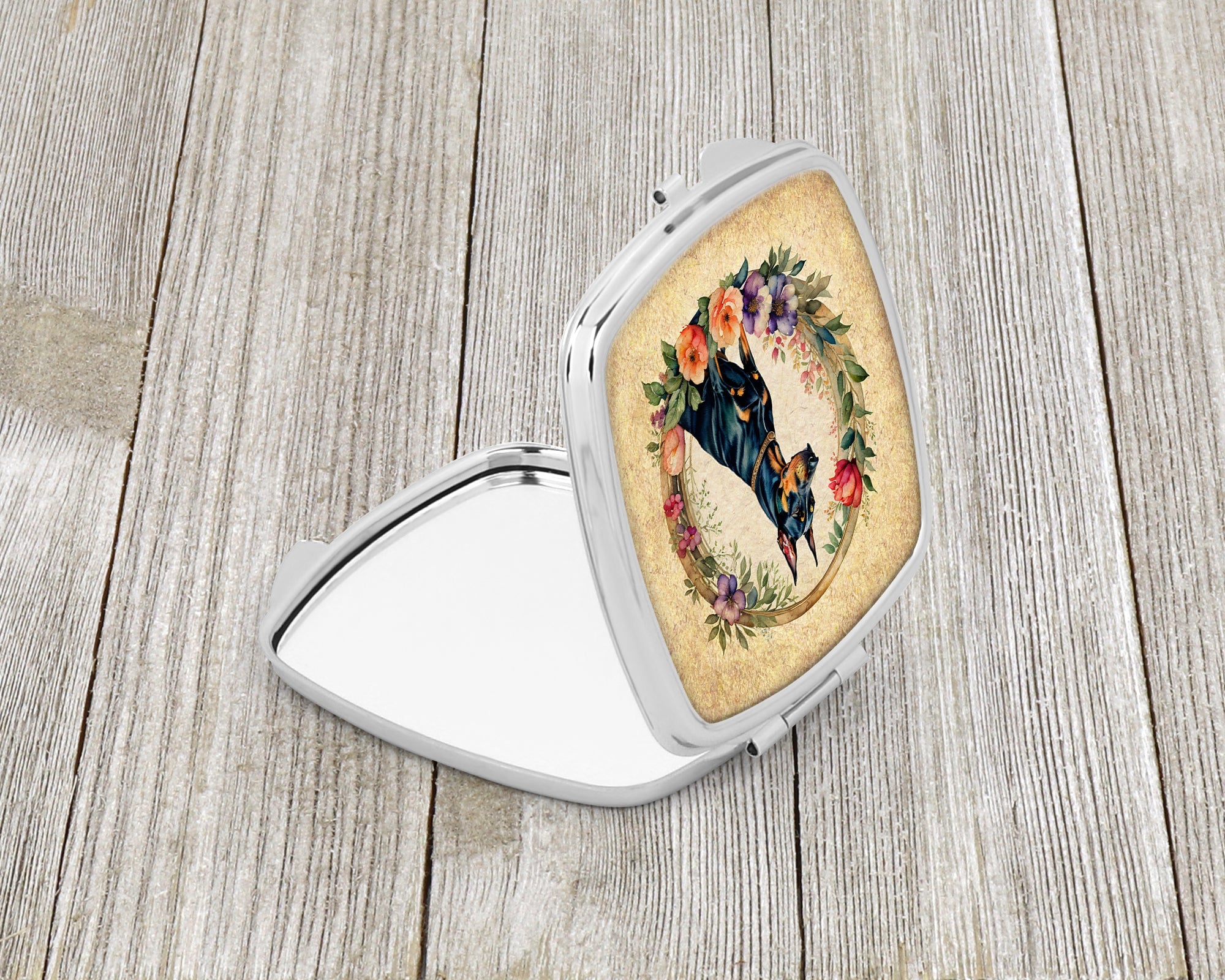 Doberman Pinscher and Flowers Compact Mirror Decorative Travel Makeup Mirror for Women Girls Gifts Pocket Makeup Mirror Folding Handheld