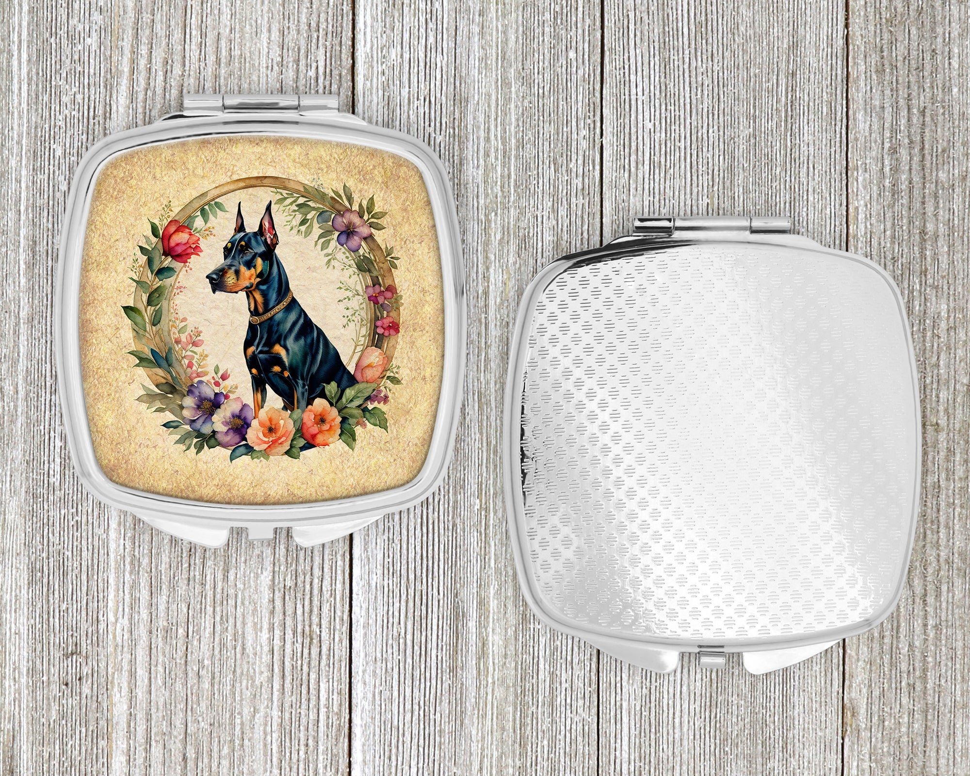 Doberman Pinscher and Flowers Compact Mirror Decorative Travel Makeup Mirror for Women Girls Gifts Pocket Makeup Mirror Folding Handheld