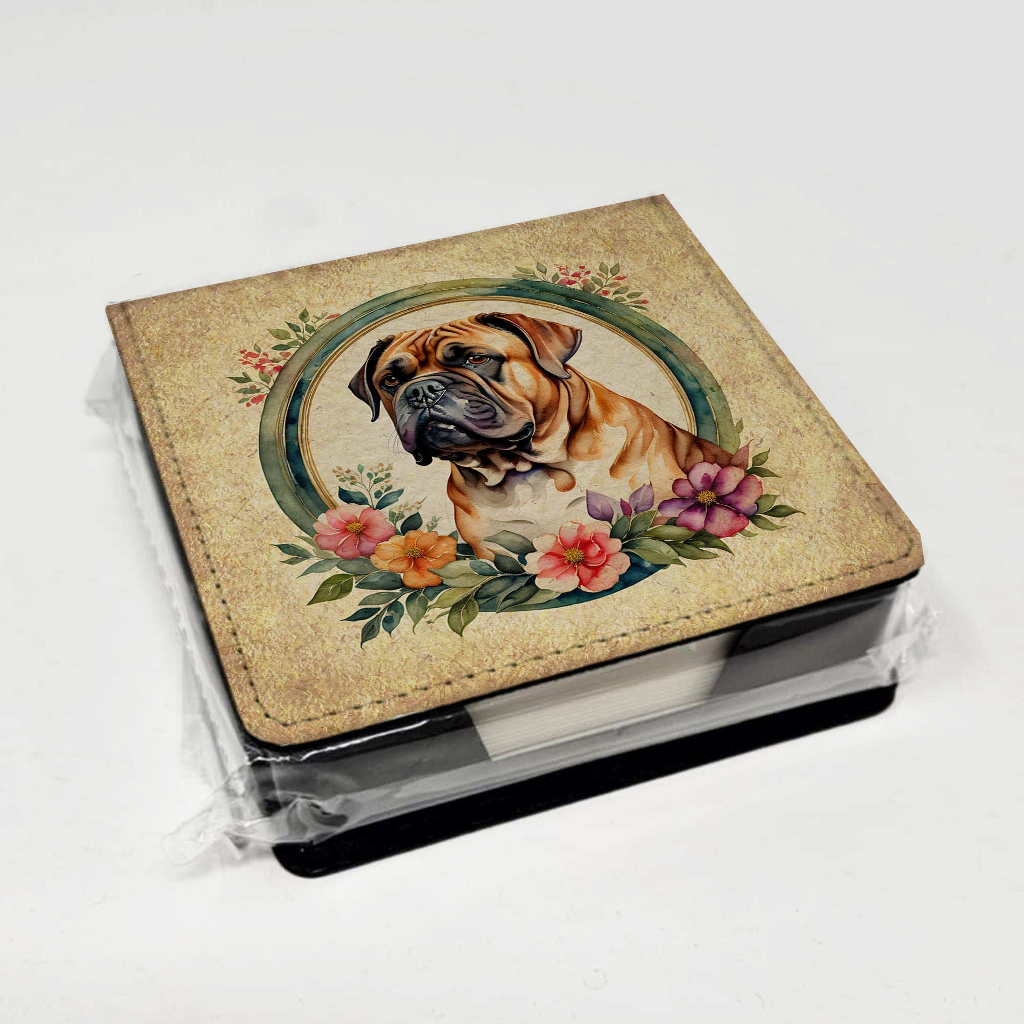 Dogue de Bordeaux and Flowers PU Leather Note Paper Holder with Artist-Designed Cover, Desk Accessory, Office Gift