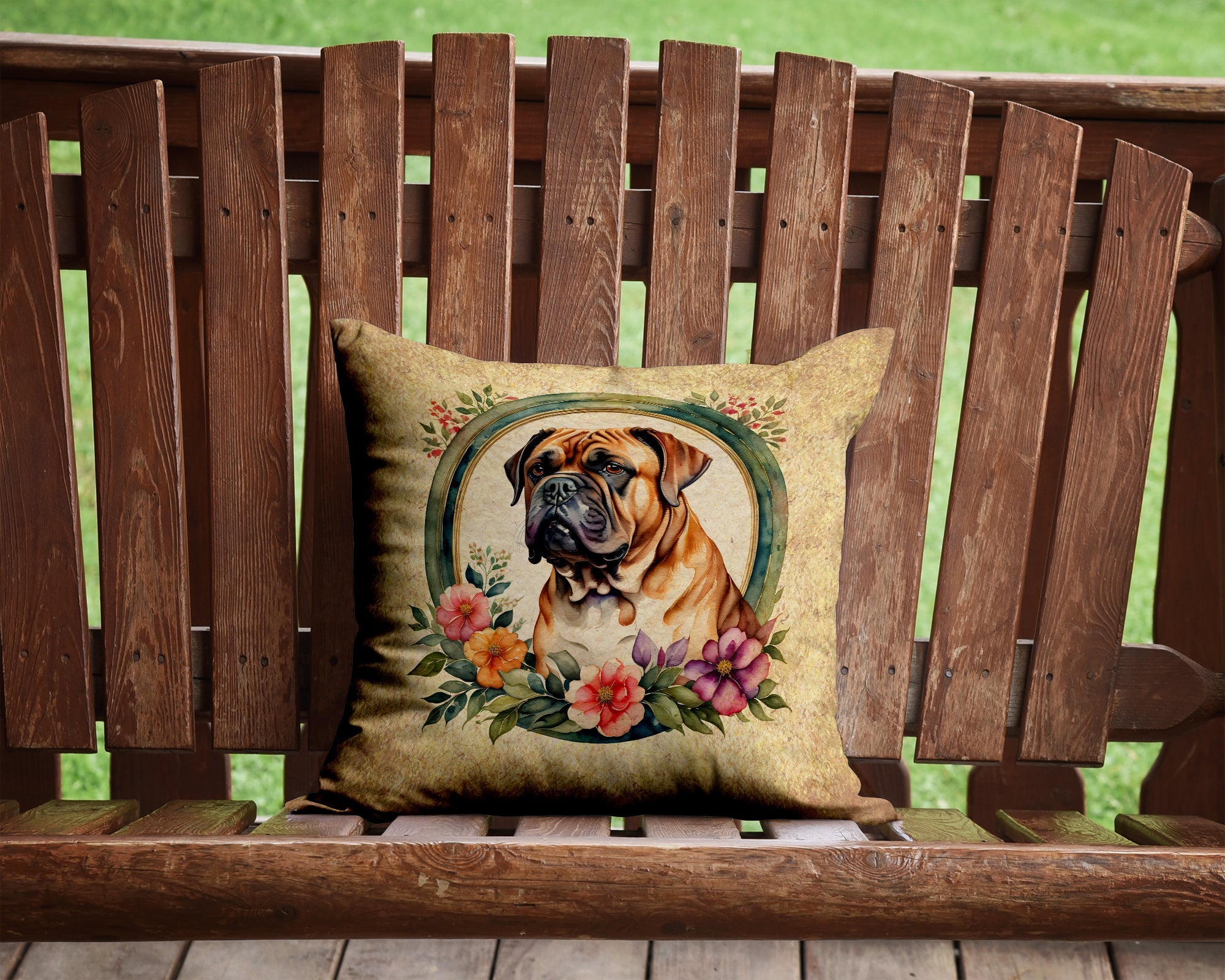 Dogue de Bordeaux and Flowers Decorative Throw Pillow 14x14 Indoor Outdoor Accent Cushion, Fabric Cover with Insert for Sofa, Bed, Porch & Living Room