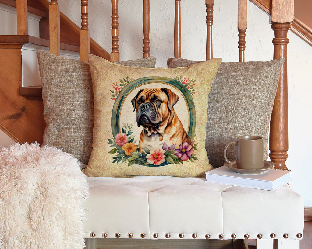 Dogue de Bordeaux and Flowers Decorative Throw Pillow 14x14 Indoor Outdoor Accent Cushion, Fabric Cover with Insert for Sofa, Bed, Porch & Living Room