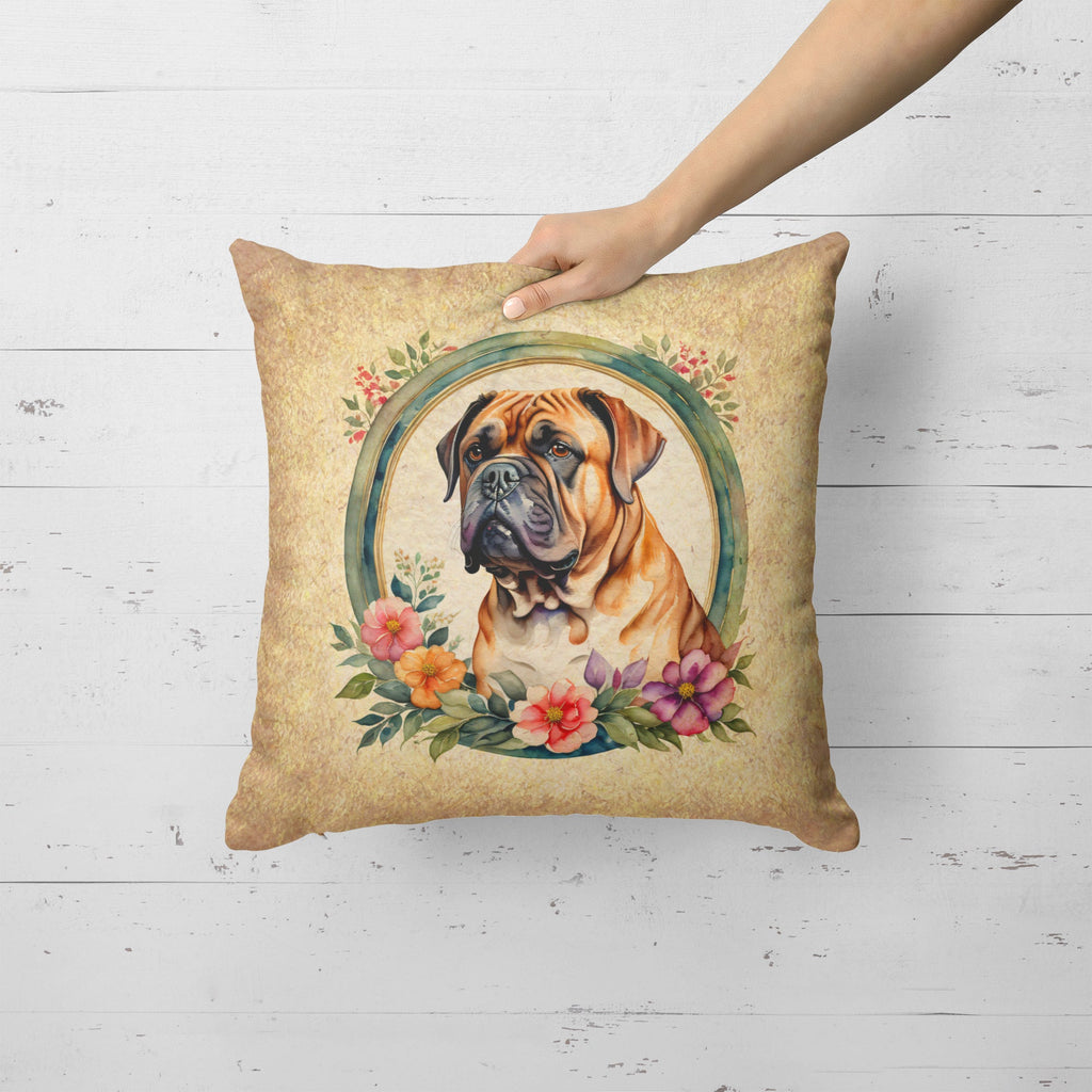 Dogue de Bordeaux and Flowers Decorative Throw Pillow 18x18 Indoor Outdoor Accent Cushion, Fabric Cover with Insert for Sofa, Bed, Porch & Living Room