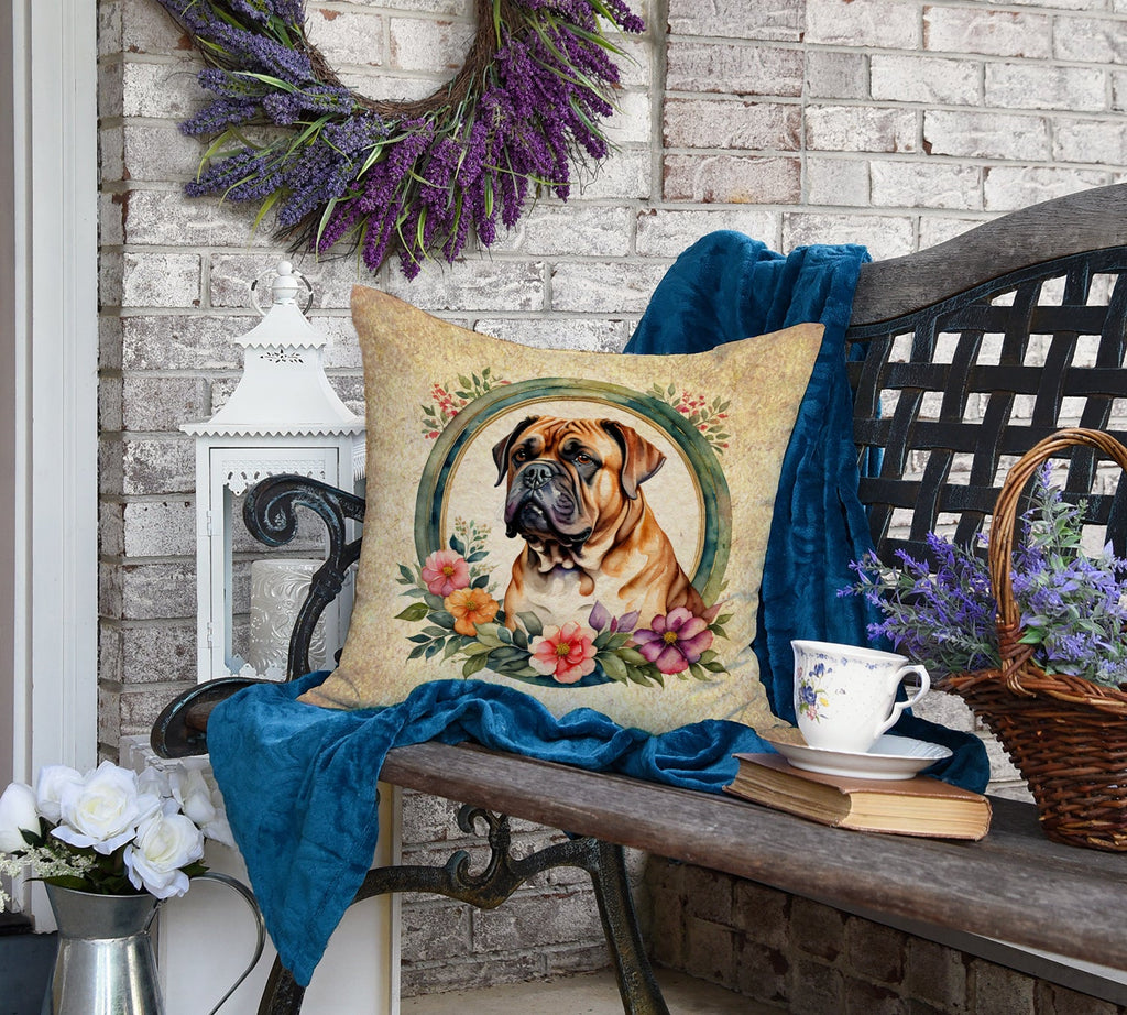 Dogue de Bordeaux and Flowers Decorative Throw Pillow 18x18 Indoor Outdoor Accent Cushion, Fabric Cover with Insert for Sofa, Bed, Porch & Living Room