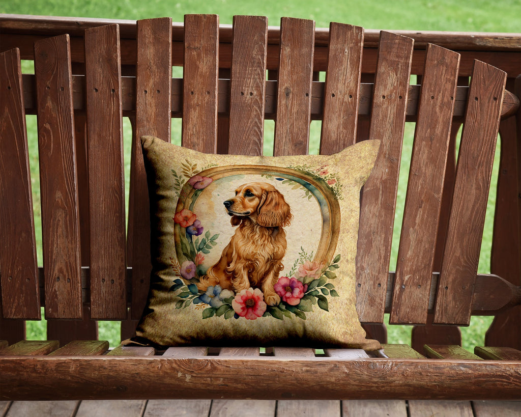 English Cocker Spaniel and Flowers Decorative Throw Pillow 14x14 Indoor Outdoor Accent Cushion, Fabric Cover with Insert for Sofa, Bed, Porch & Living Room