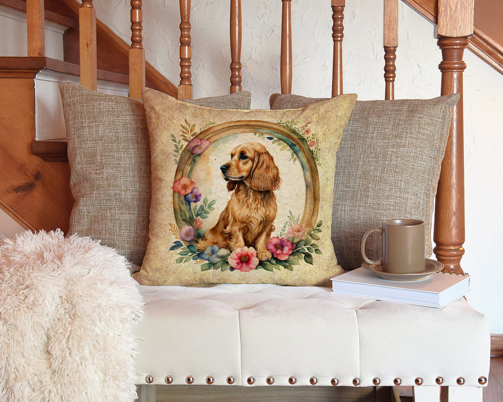 English Cocker Spaniel and Flowers Decorative Throw Pillow 14x14 Indoor Outdoor Accent Cushion, Fabric Cover with Insert for Sofa, Bed, Porch & Living Room