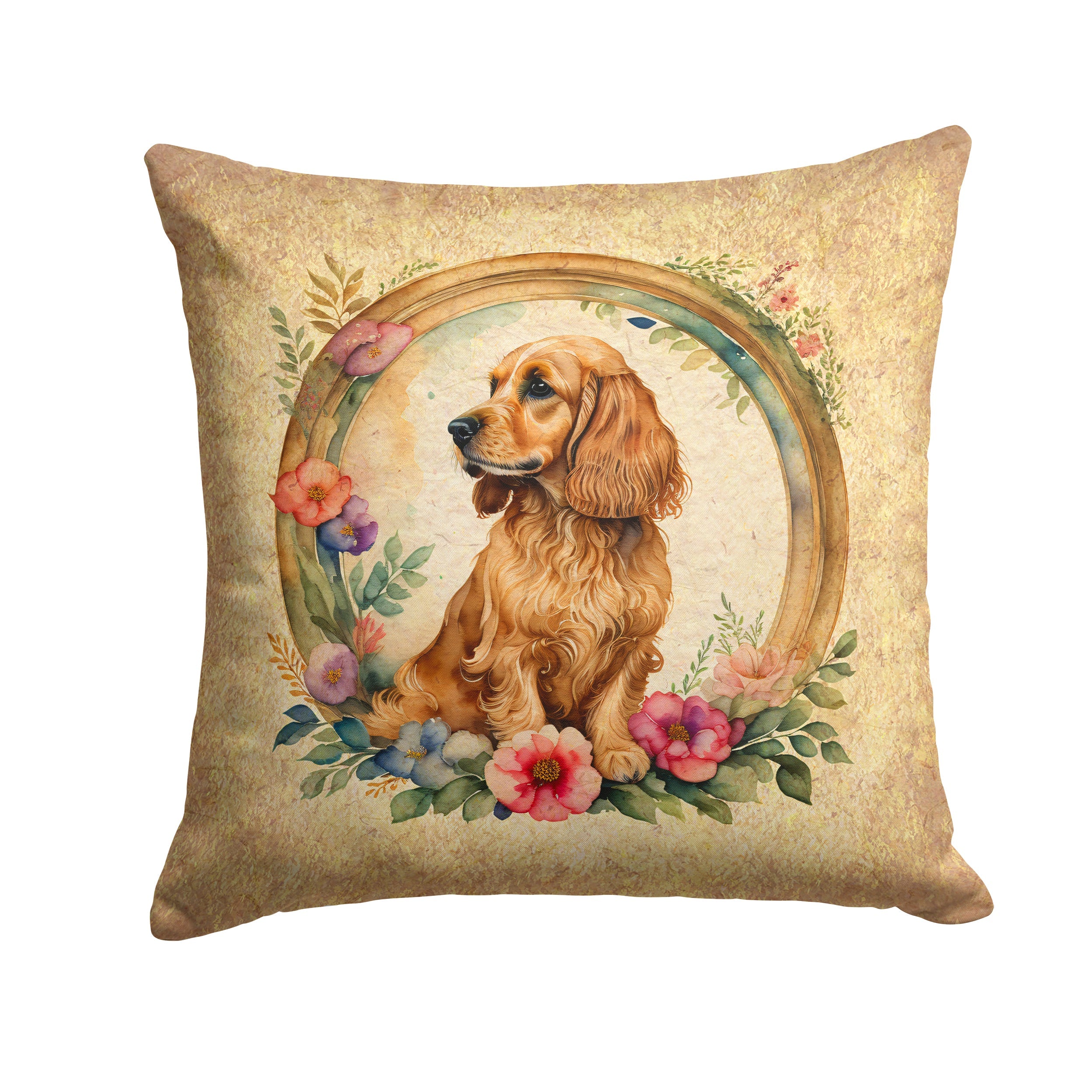 English Cocker Spaniel and Flowers Decorative Throw Pillow 18x18 Indoor Outdoor Accent Cushion, Fabric Cover with Insert for Sofa, Bed, Porch & Living Room