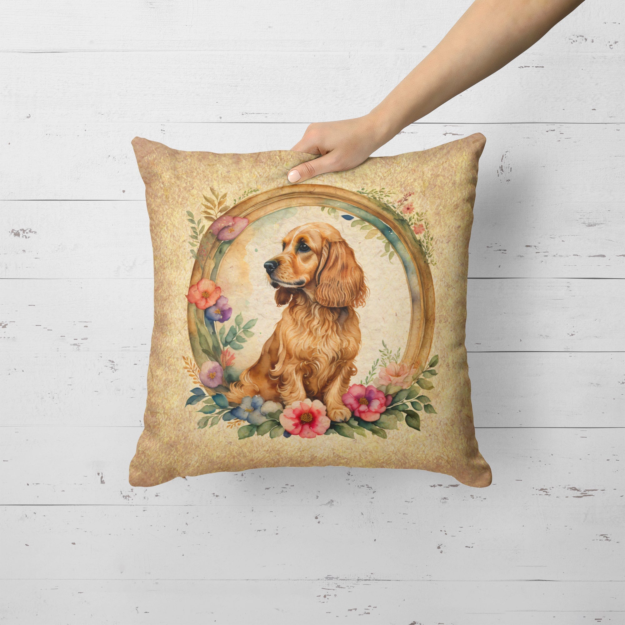English Cocker Spaniel and Flowers Decorative Throw Pillow 18x18 Indoor Outdoor Accent Cushion, Fabric Cover with Insert for Sofa, Bed, Porch & Living Room