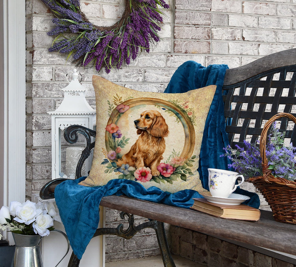 English Cocker Spaniel and Flowers Decorative Throw Pillow 18x18 Indoor Outdoor Accent Cushion, Fabric Cover with Insert for Sofa, Bed, Porch & Living Room