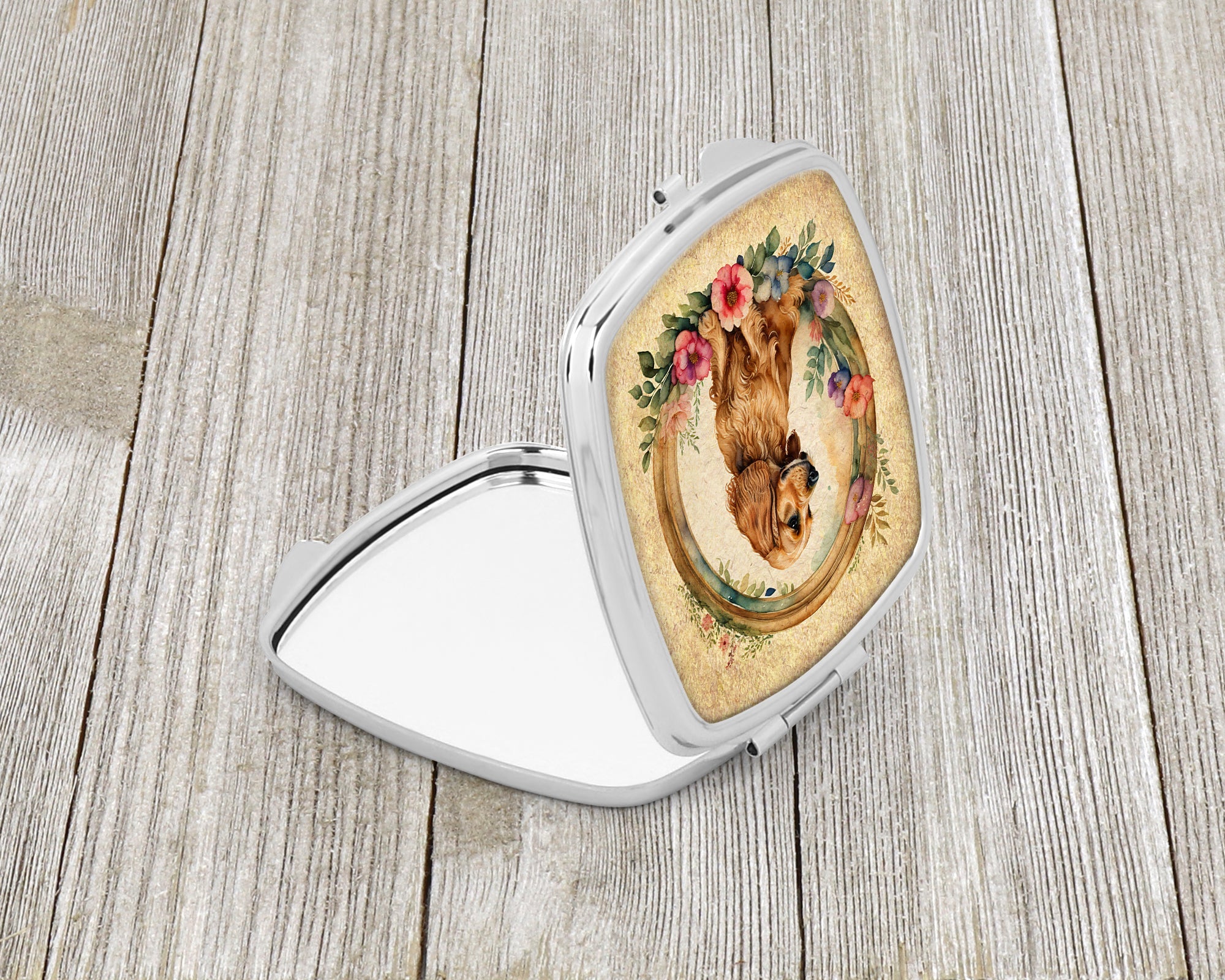 English Cocker Spaniel and Flowers Compact Mirror Decorative Travel Makeup Mirror for Women Girls Gifts Pocket Makeup Mirror Folding Handheld