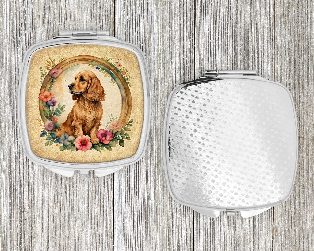 English Cocker Spaniel and Flowers Compact Mirror Decorative Travel Makeup Mirror for Women Girls Gifts Pocket Makeup Mirror Folding Handheld