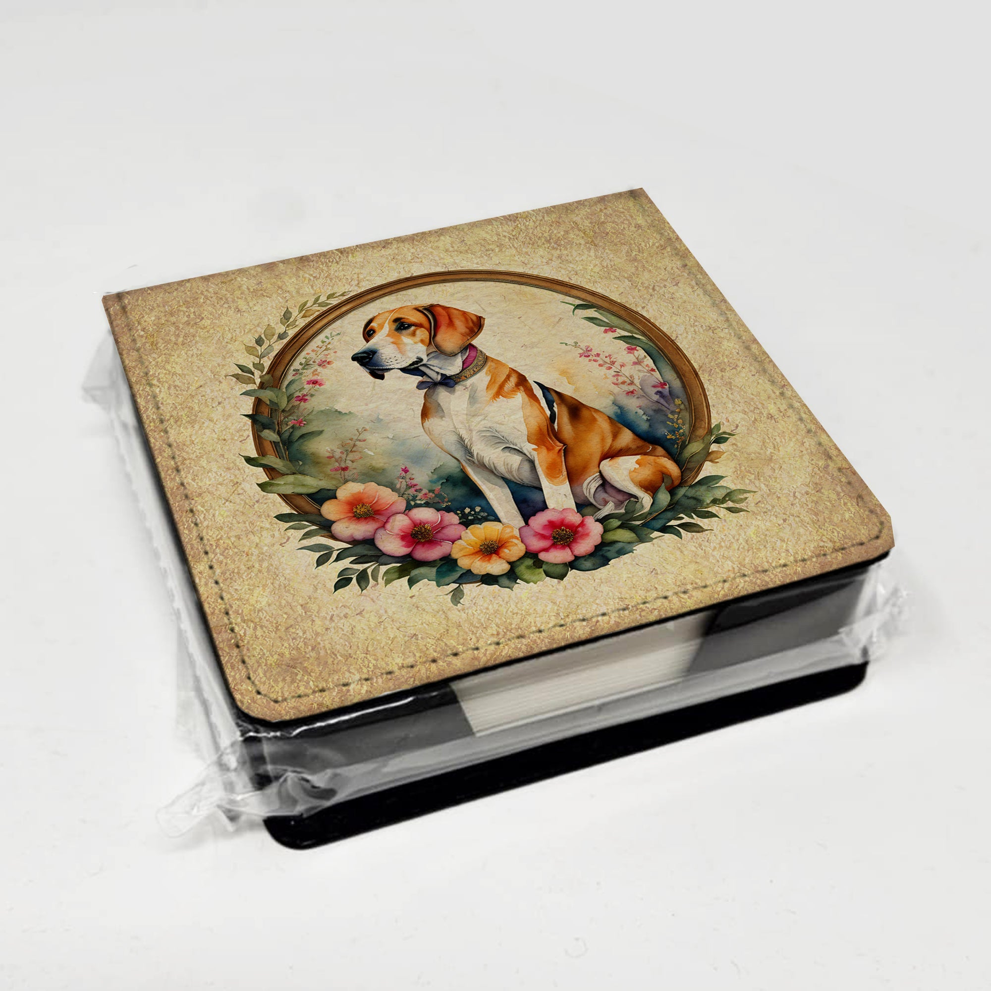English Foxhound and Flowers PU Leather Note Paper Holder with Artist-Designed Cover, Desk Accessory, Office Gift
