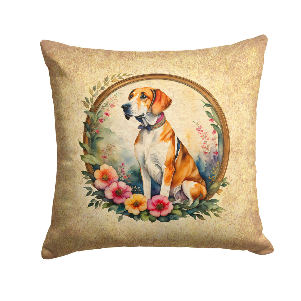 English Foxhound and Flowers Decorative Throw Pillow 14x14 Indoor Outdoor Accent Cushion, Fabric Cover with Insert for Sofa, Bed, Porch & Living Room