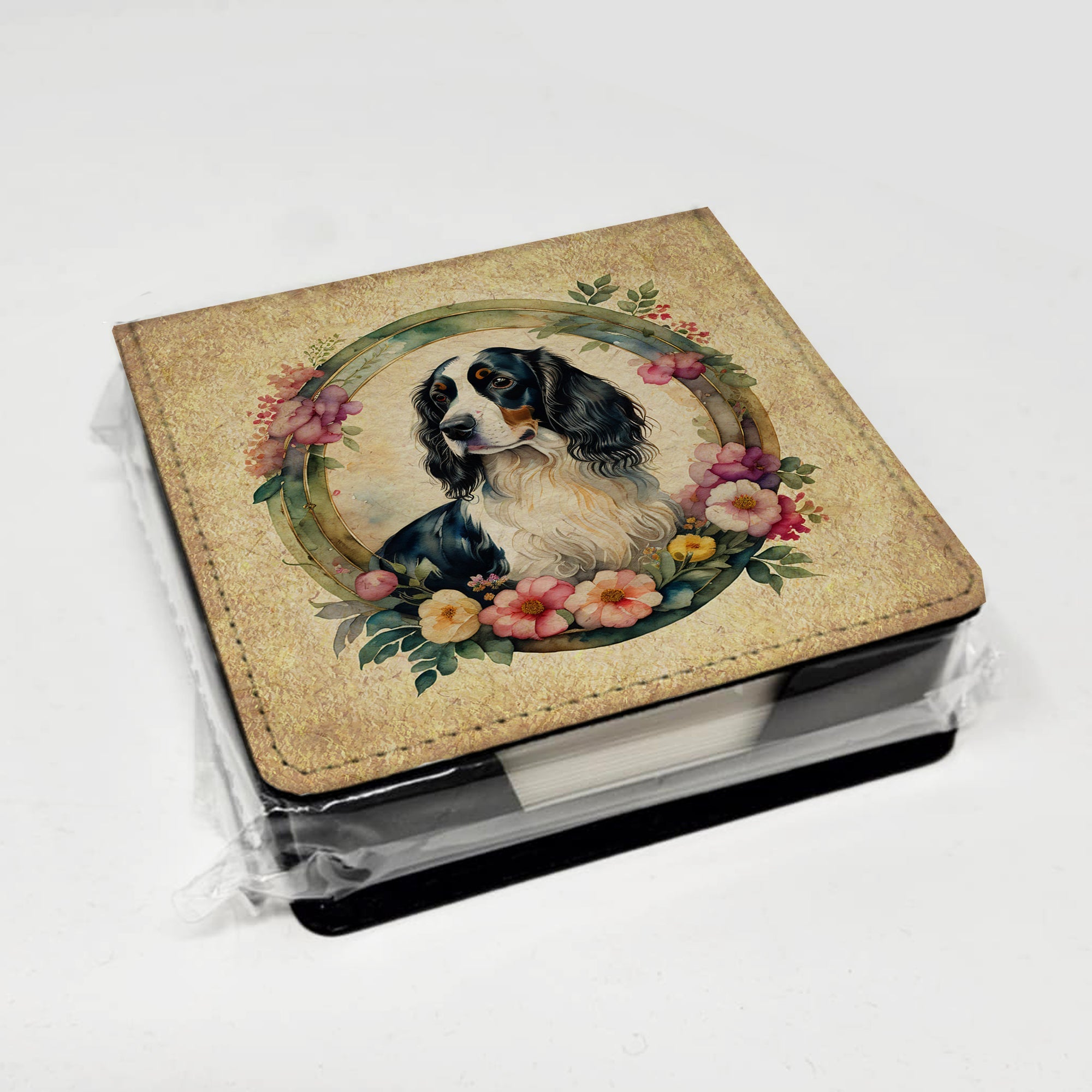 English Springer Spaniel and Flowers PU Leather Note Paper Holder with Artist-Designed Cover, Desk Accessory, Office Gift