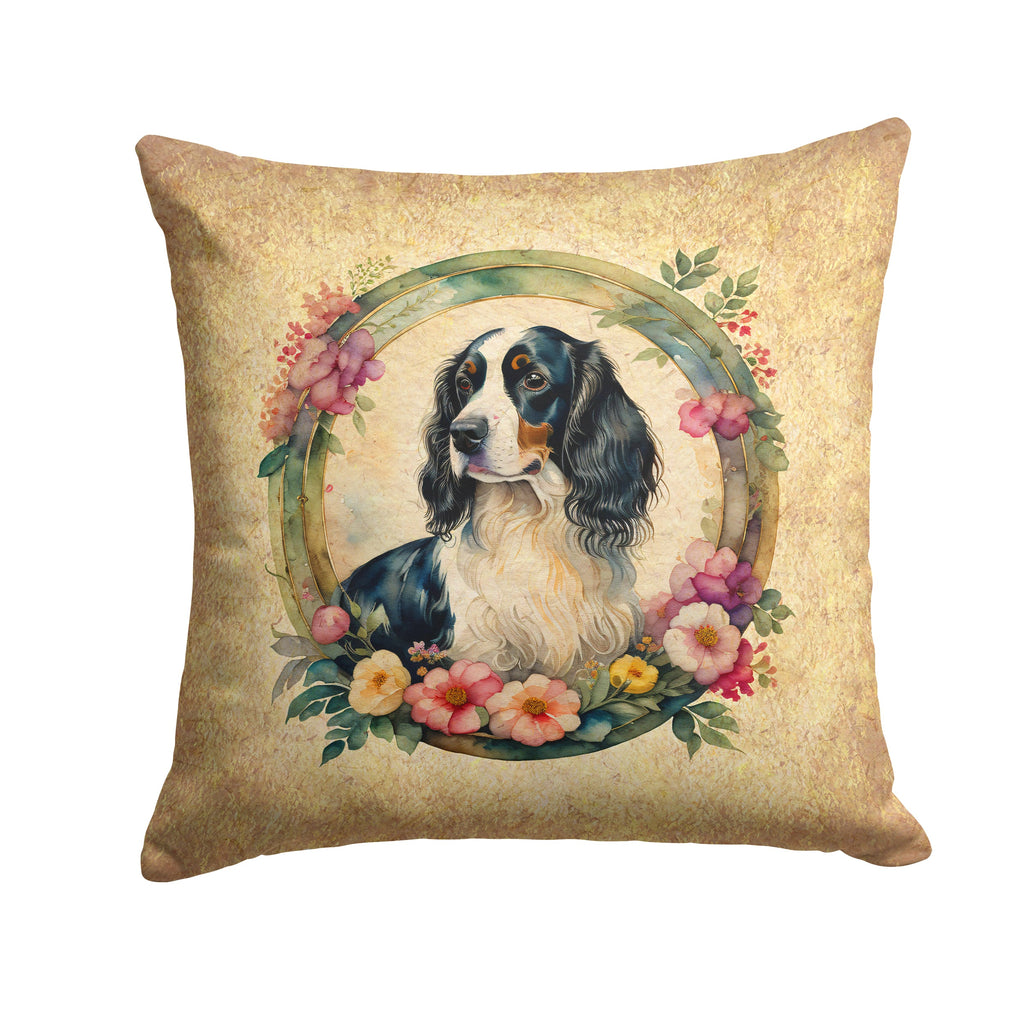 English Springer Spaniel and Flowers Decorative Throw Pillow 14x14 Indoor Outdoor Accent Cushion, Fabric Cover with Insert for Sofa, Bed, Porch & Living Room