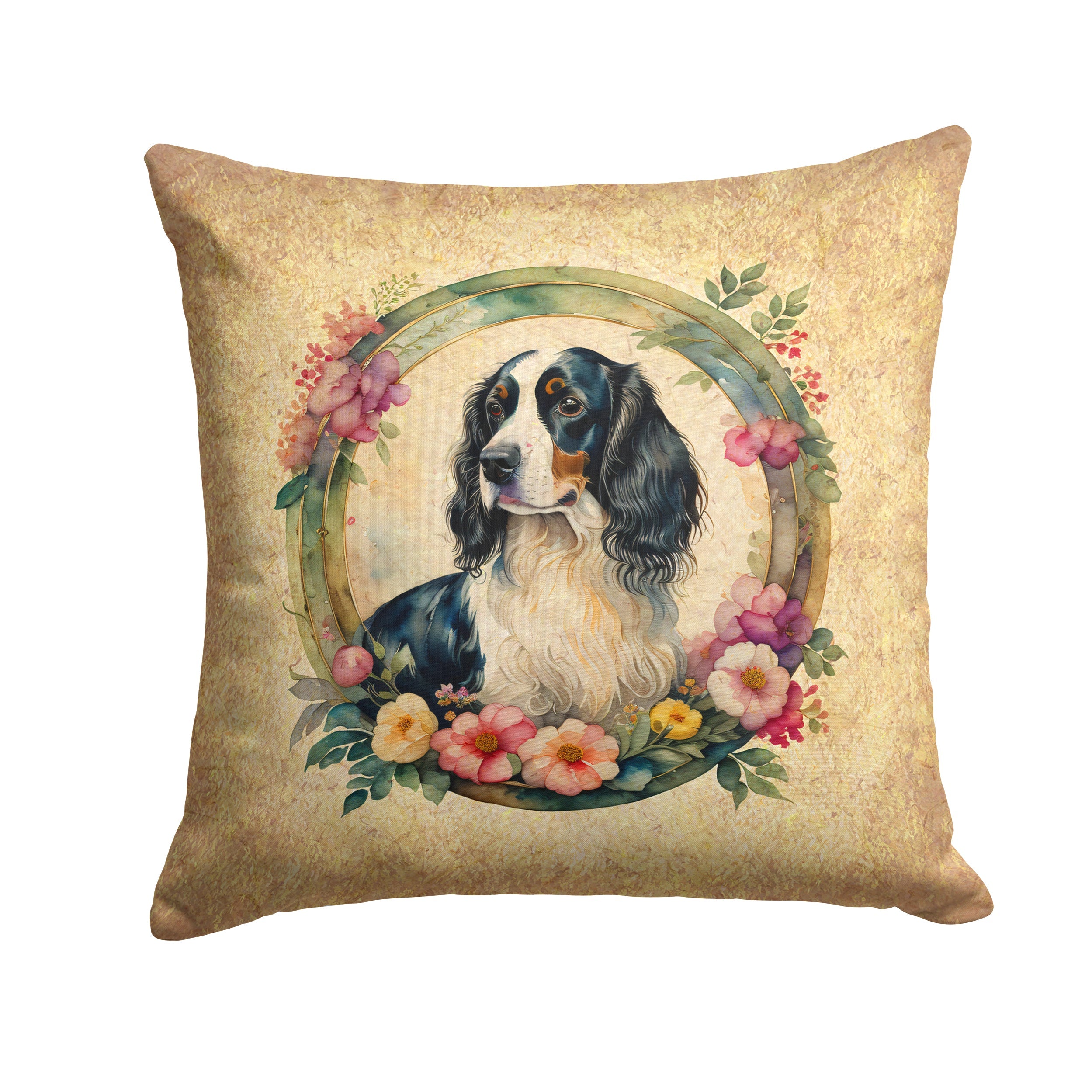 English Springer Spaniel and Flowers Decorative Throw Pillow 14x14 Indoor Outdoor Accent Cushion, Fabric Cover with Insert for Sofa, Bed, Porch & Living Room