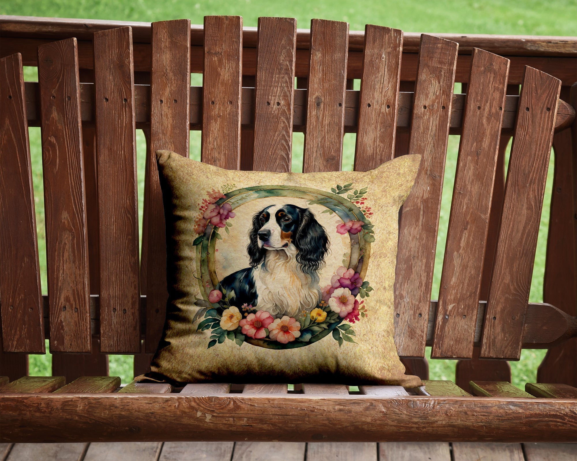 English Springer Spaniel and Flowers Decorative Throw Pillow 14x14 Indoor Outdoor Accent Cushion, Fabric Cover with Insert for Sofa, Bed, Porch & Living Room