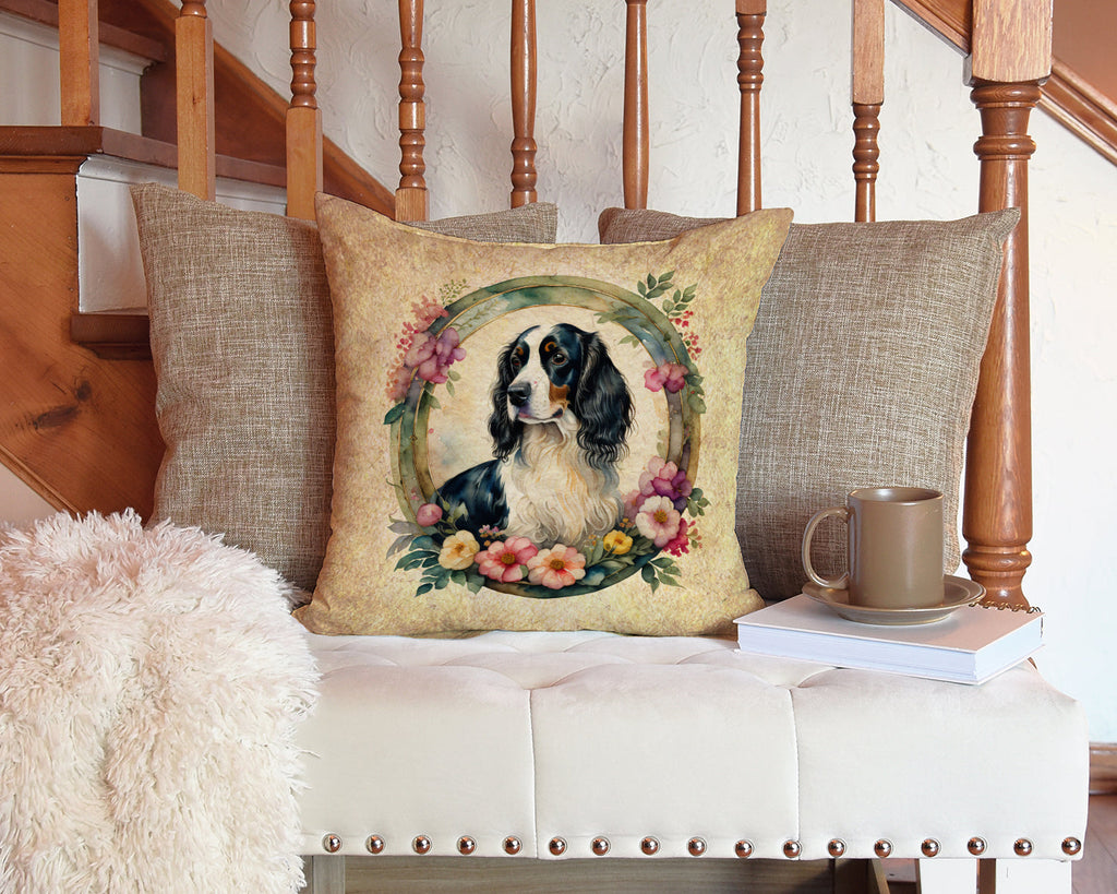English Springer Spaniel and Flowers Decorative Throw Pillow 14x14 Indoor Outdoor Accent Cushion, Fabric Cover with Insert for Sofa, Bed, Porch & Living Room