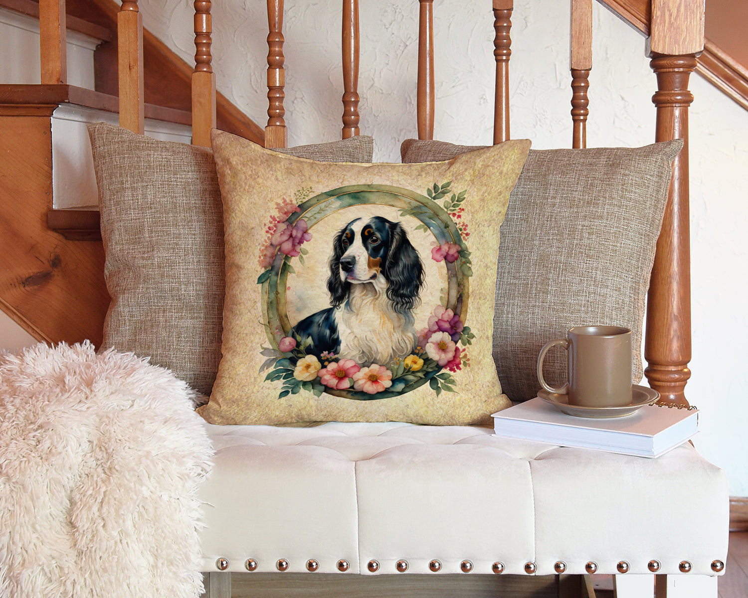 English Springer Spaniel and Flowers Decorative Throw Pillow 14x14 Indoor Outdoor Accent Cushion, Fabric Cover with Insert for Sofa, Bed, Porch & Living Room