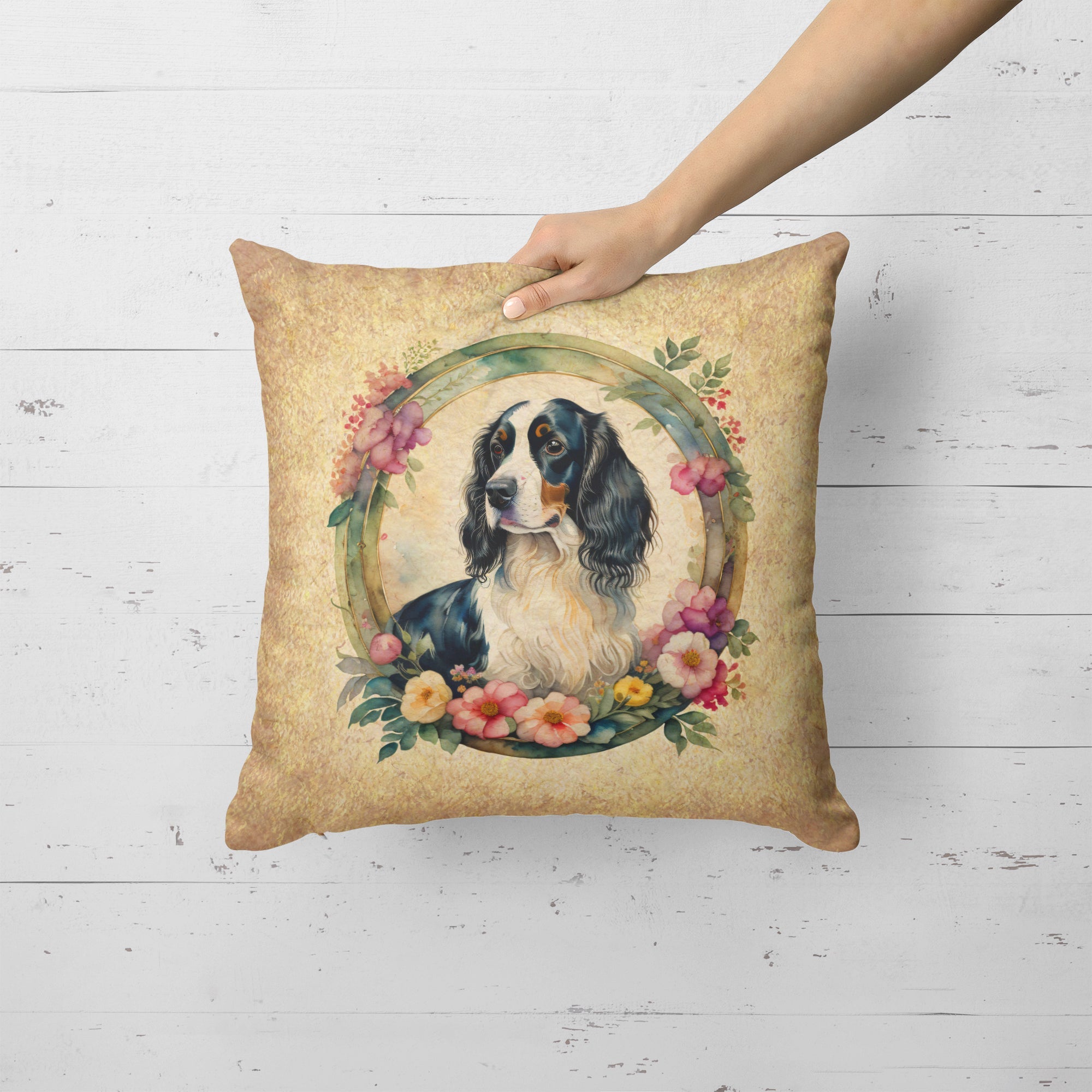 English Springer Spaniel and Flowers Decorative Throw Pillow 18x18 Indoor Outdoor Accent Cushion, Fabric Cover with Insert for Sofa, Bed, Porch & Living Room