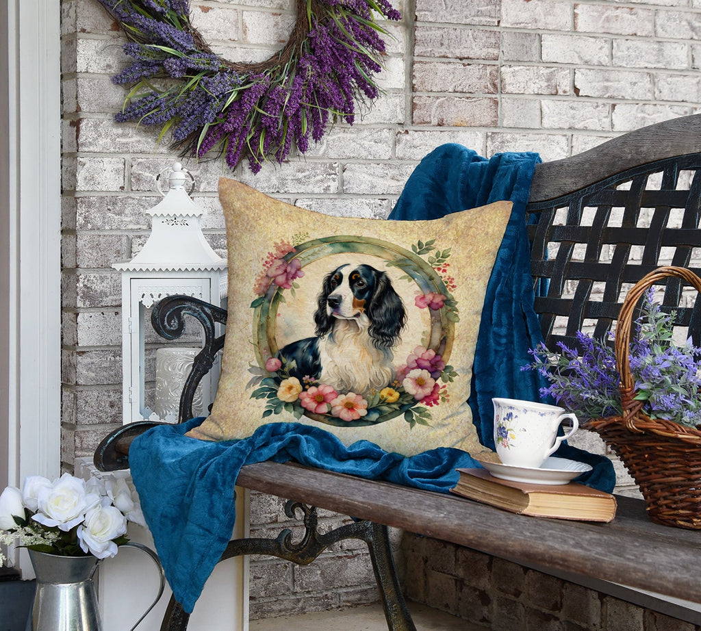 English Springer Spaniel and Flowers Decorative Throw Pillow 18x18 Indoor Outdoor Accent Cushion, Fabric Cover with Insert for Sofa, Bed, Porch & Living Room