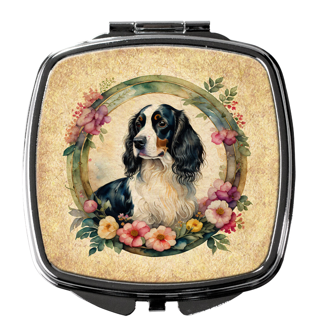 English Springer Spaniel and Flowers Compact Mirror Decorative Travel Makeup Mirror for Women Girls Gifts Pocket Makeup Mirror Folding Handheld