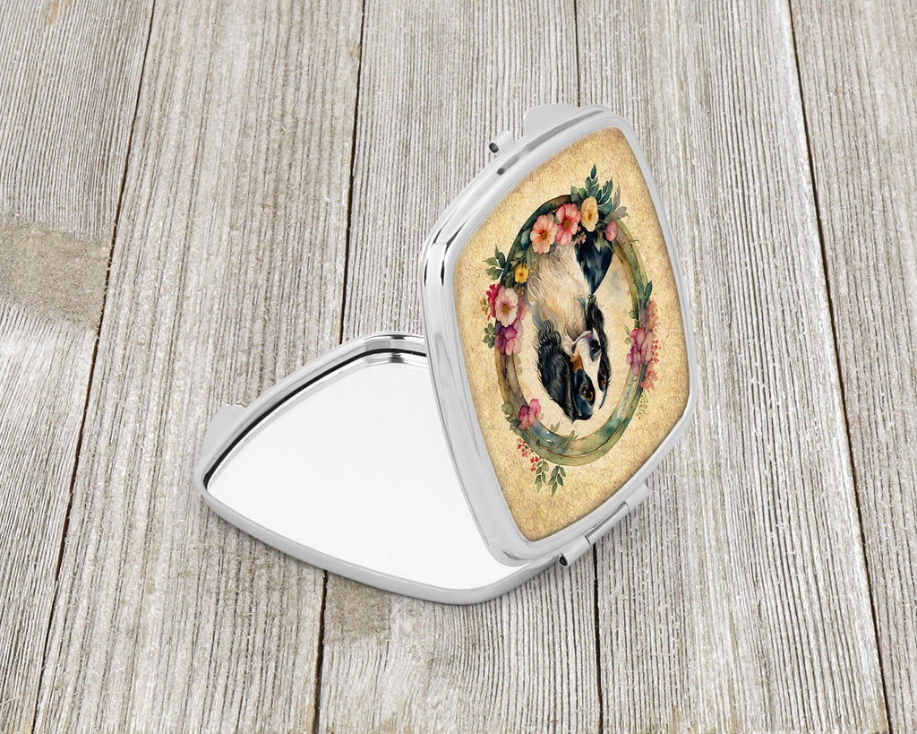 English Springer Spaniel and Flowers Compact Mirror Decorative Travel Makeup Mirror for Women Girls Gifts Pocket Makeup Mirror Folding Handheld