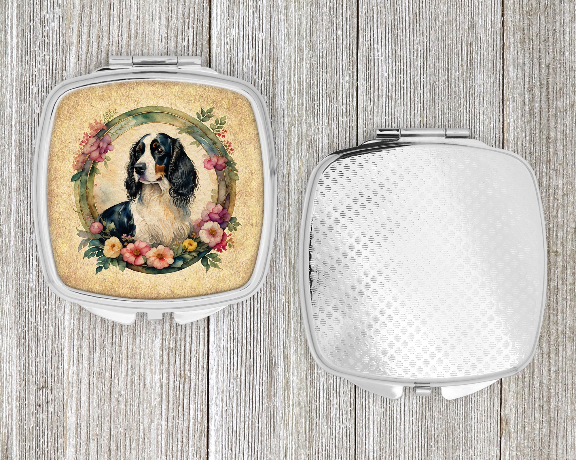 English Springer Spaniel and Flowers Compact Mirror Decorative Travel Makeup Mirror for Women Girls Gifts Pocket Makeup Mirror Folding Handheld