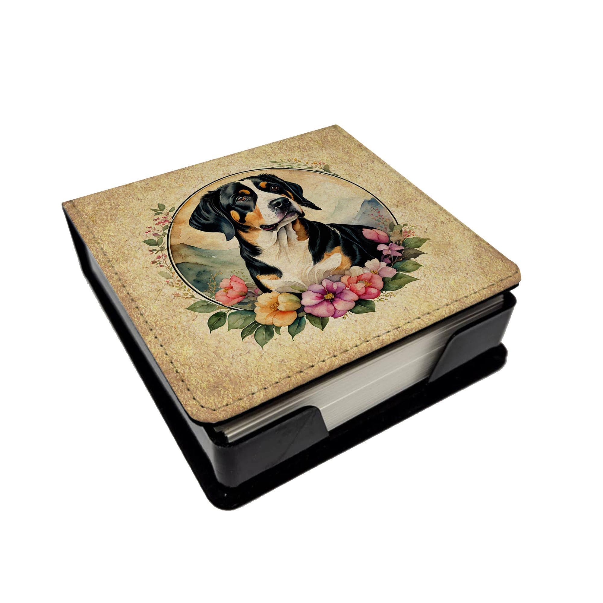 Entlebucher Mountain Dog and Flowers PU Leather Note Paper Holder with Artist-Designed Cover, Desk Accessory, Office Gift