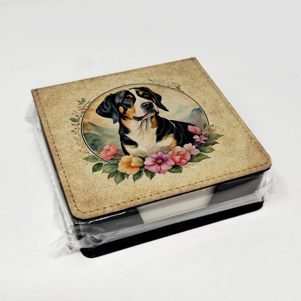 Entlebucher Mountain Dog and Flowers PU Leather Note Paper Holder with Artist-Designed Cover, Desk Accessory, Office Gift