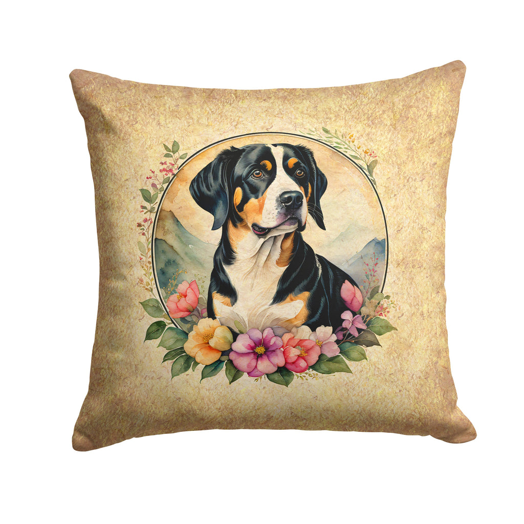 Entlebucher Mountain Dog and Flowers Decorative Throw Pillow 14x14 Indoor Outdoor Accent Cushion, Fabric Cover with Insert for Sofa, Bed, Porch & Living Room
