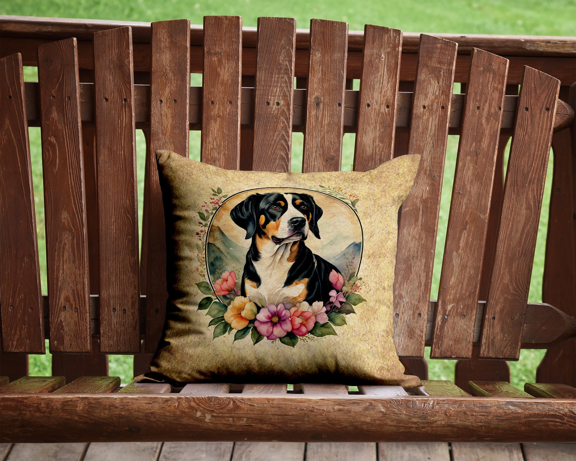 Entlebucher Mountain Dog and Flowers Decorative Throw Pillow 14x14 Indoor Outdoor Accent Cushion, Fabric Cover with Insert for Sofa, Bed, Porch & Living Room