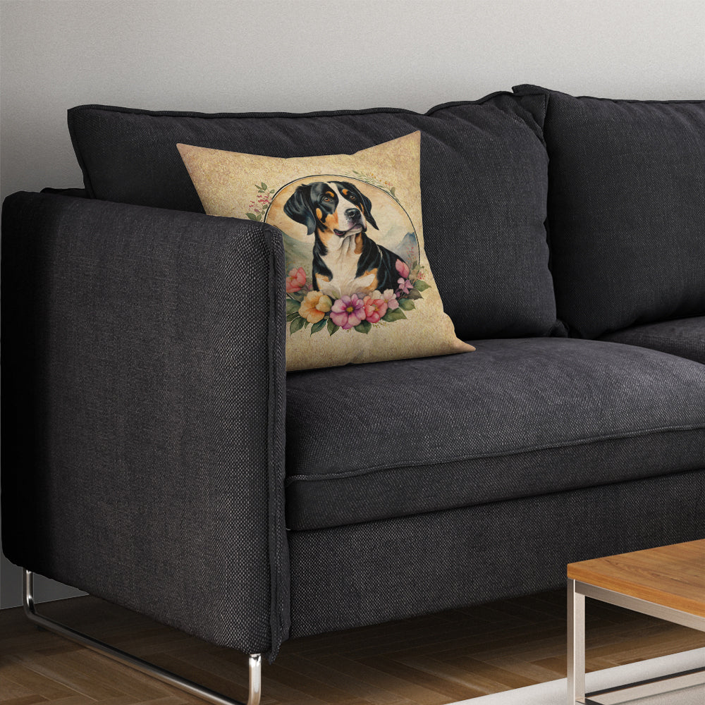 Entlebucher Mountain Dog and Flowers Decorative Throw Pillow 14x14 Indoor Outdoor Accent Cushion, Fabric Cover with Insert for Sofa, Bed, Porch & Living Room