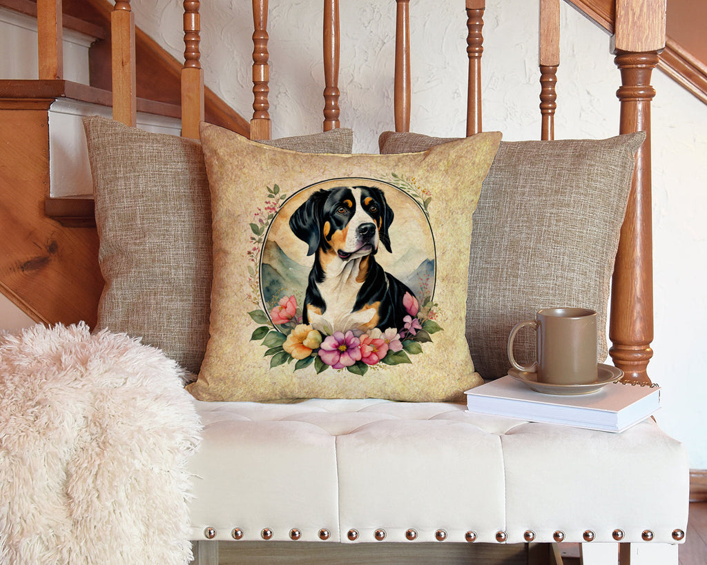 Entlebucher Mountain Dog and Flowers Decorative Throw Pillow 14x14 Indoor Outdoor Accent Cushion, Fabric Cover with Insert for Sofa, Bed, Porch & Living Room