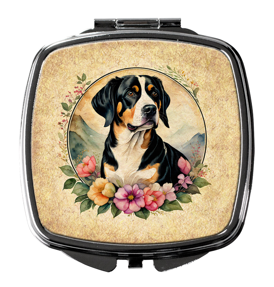 Entlebucher Mountain Dog and Flowers Compact Mirror Decorative Travel Makeup Mirror for Women Girls Gifts Pocket Makeup Mirror Folding Handheld