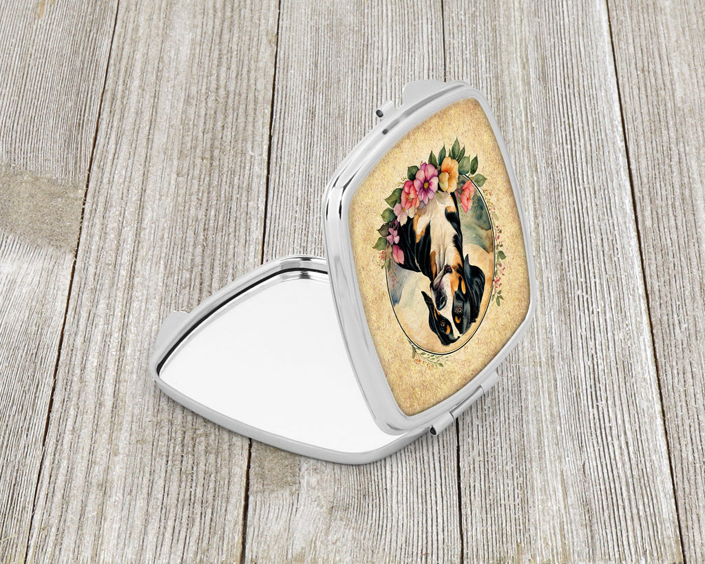 Entlebucher Mountain Dog and Flowers Compact Mirror Decorative Travel Makeup Mirror for Women Girls Gifts Pocket Makeup Mirror Folding Handheld