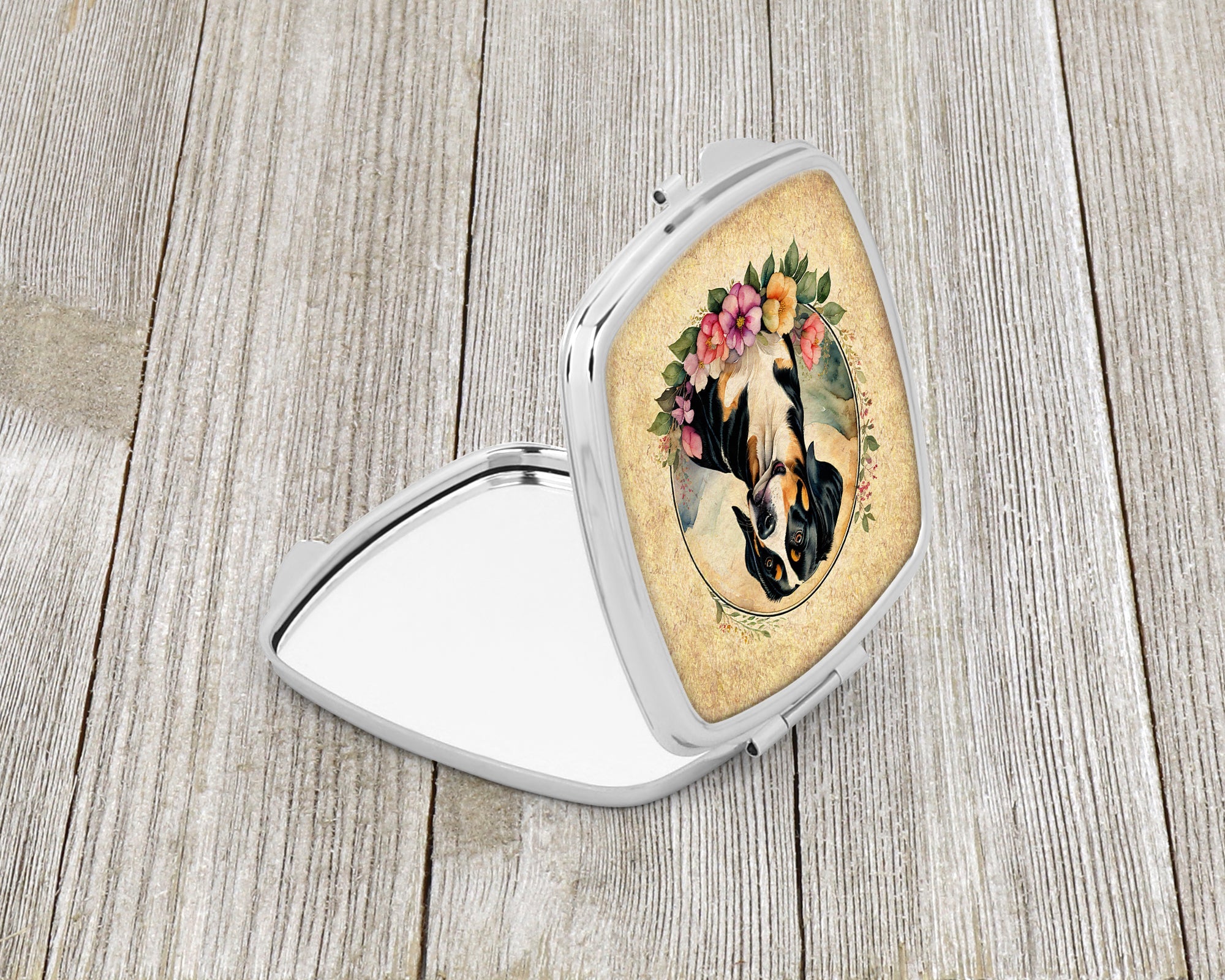 Entlebucher Mountain Dog and Flowers Compact Mirror Decorative Travel Makeup Mirror for Women Girls Gifts Pocket Makeup Mirror Folding Handheld