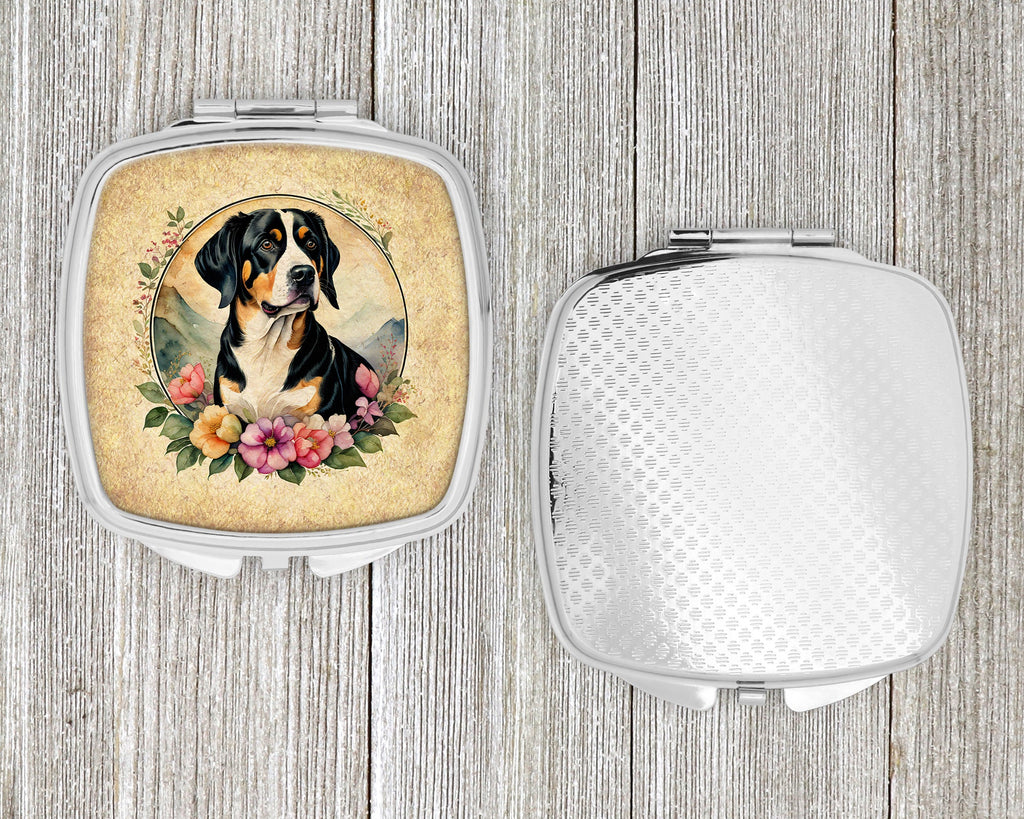 Entlebucher Mountain Dog and Flowers Compact Mirror Decorative Travel Makeup Mirror for Women Girls Gifts Pocket Makeup Mirror Folding Handheld