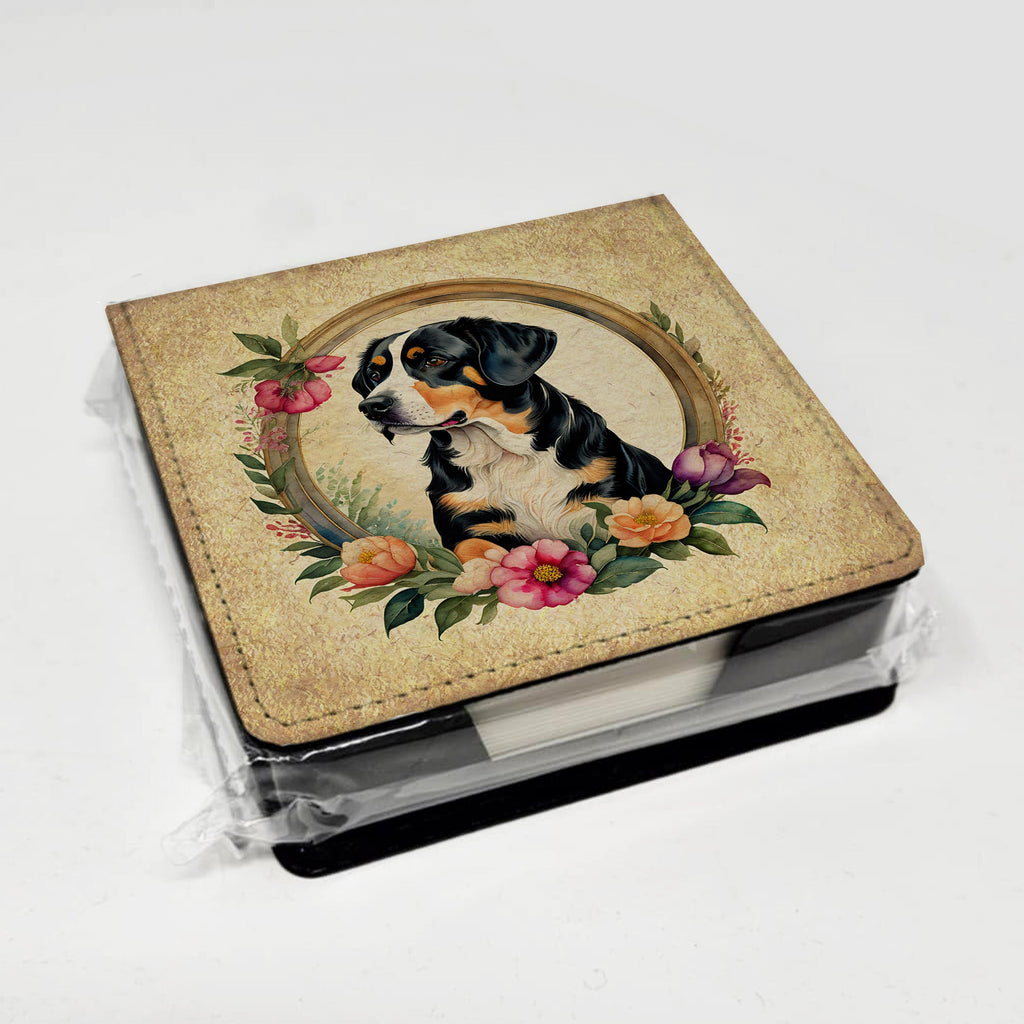 Entlebucher Mountain Dog and Flowers PU Leather Note Paper Holder with Artist-Designed Cover, Desk Accessory, Office Gift