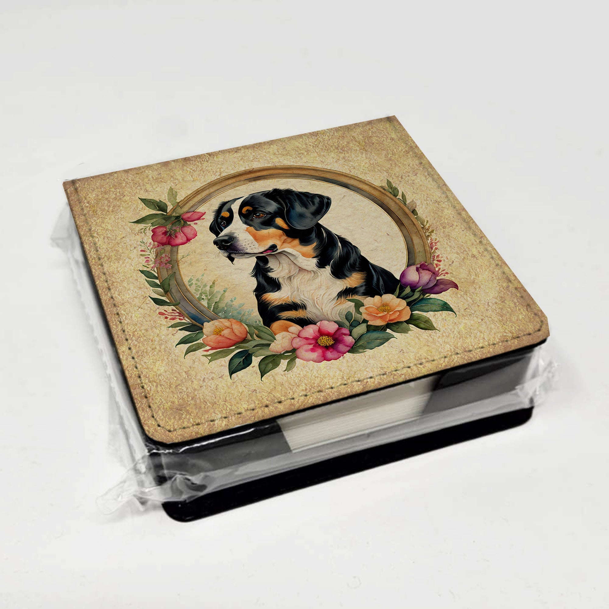 Entlebucher Mountain Dog and Flowers PU Leather Note Paper Holder with Artist-Designed Cover, Desk Accessory, Office Gift