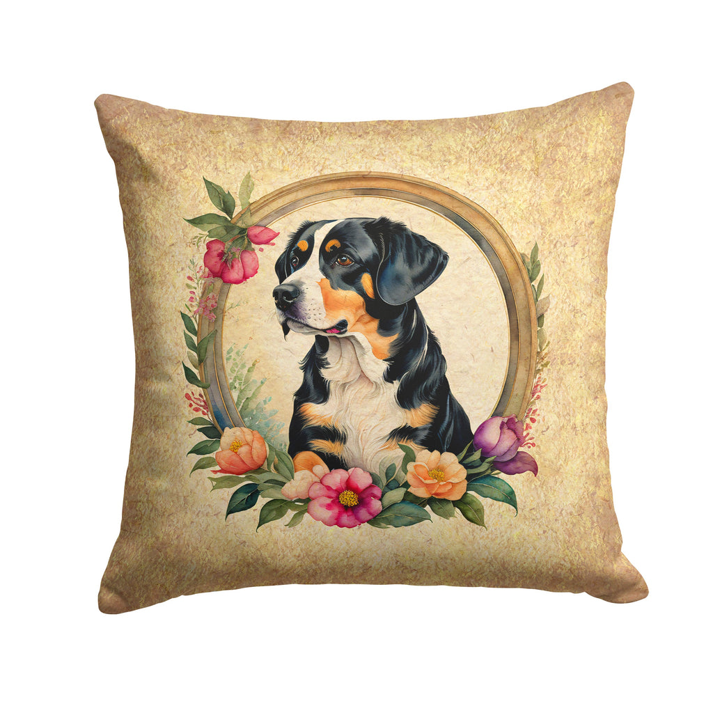 Entlebucher Mountain Dog and Flowers Decorative Throw Pillow 14x14 Indoor Outdoor Accent Cushion, Fabric Cover with Insert for Sofa, Bed, Porch & Living Room