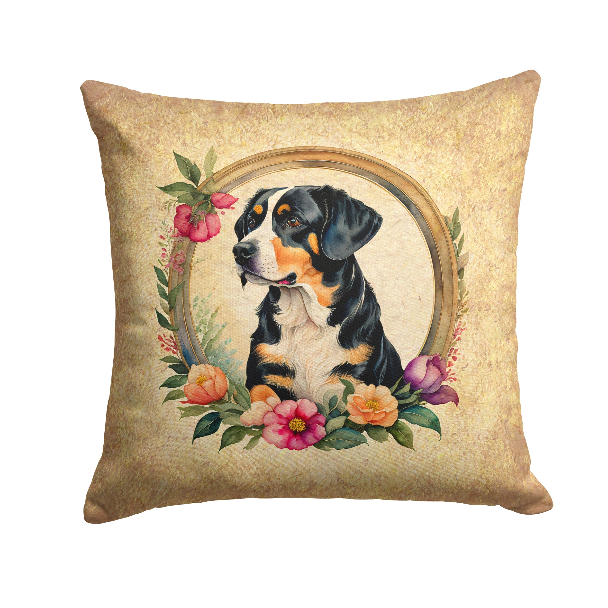 Entlebucher Mountain Dog and Flowers Decorative Throw Pillow 14x14 Indoor Outdoor Accent Cushion, Fabric Cover with Insert for Sofa, Bed, Porch & Living Room