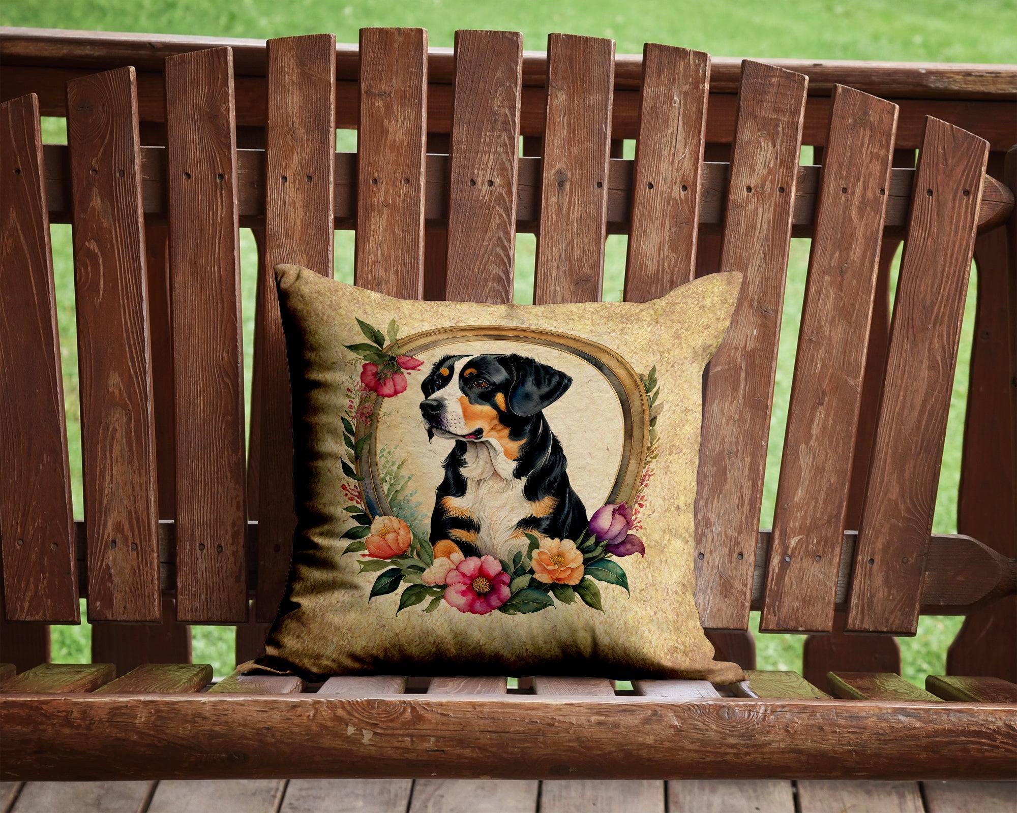 Entlebucher Mountain Dog and Flowers Decorative Throw Pillow 14x14 Indoor Outdoor Accent Cushion, Fabric Cover with Insert for Sofa, Bed, Porch & Living Room