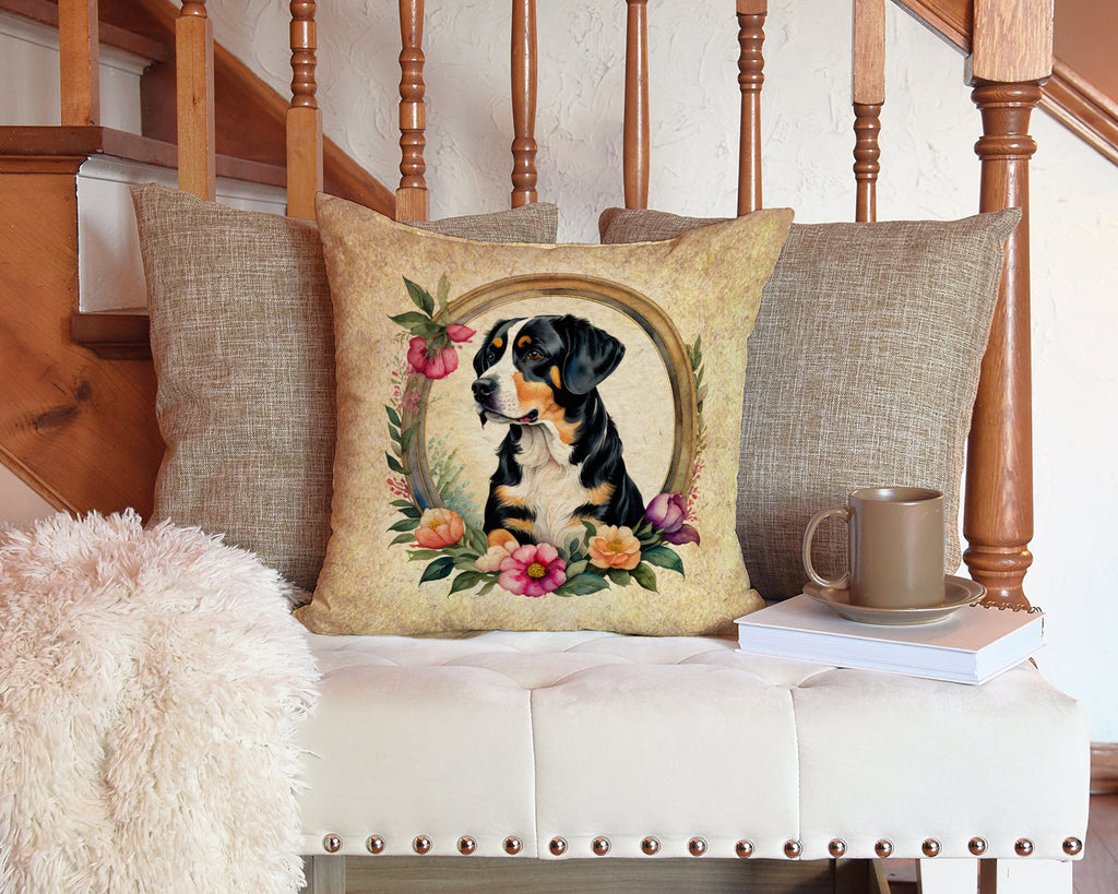 Entlebucher Mountain Dog and Flowers Decorative Throw Pillow 14x14 Indoor Outdoor Accent Cushion, Fabric Cover with Insert for Sofa, Bed, Porch & Living Room